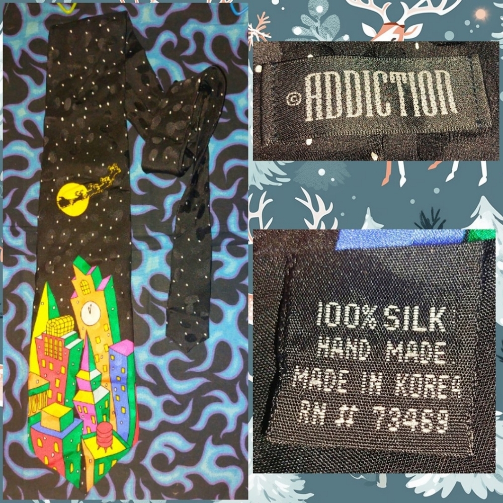 Addiction brand Black/Multicolor Snowy Christmas City Scene Silk Woven Tie 1 Sz